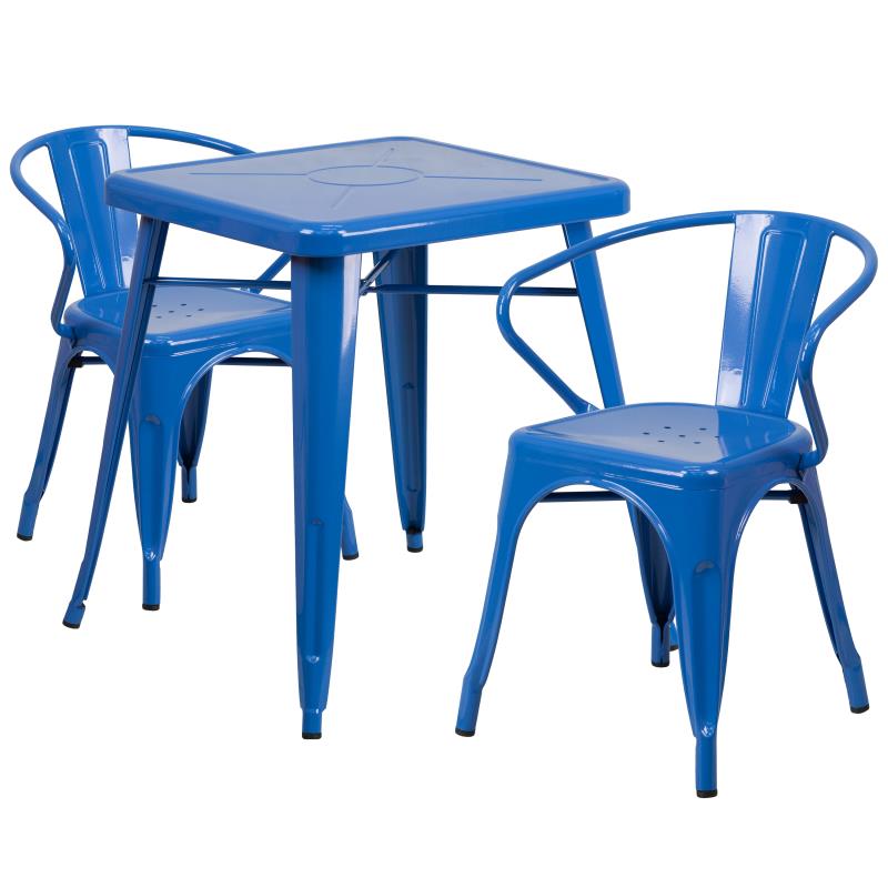 Flash Furniture Owen Commercial Grade 23.75 Square Blue Metal Indoor-Outdoor Table Set with 2 Arm Chairs