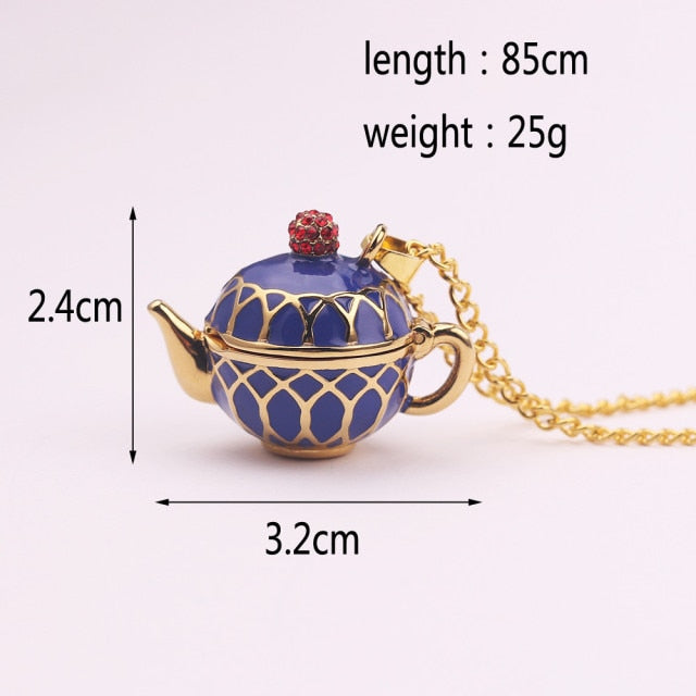 Hand Painted Teapot Tea Cup Pendant Necklace - Vintage Fashion Sweater Chain for Women & Men