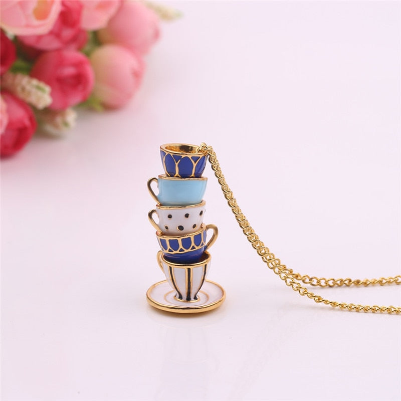 Hand Painted Teapot Tea Cup Pendant Necklace - Vintage Fashion Sweater Chain for Women & Men