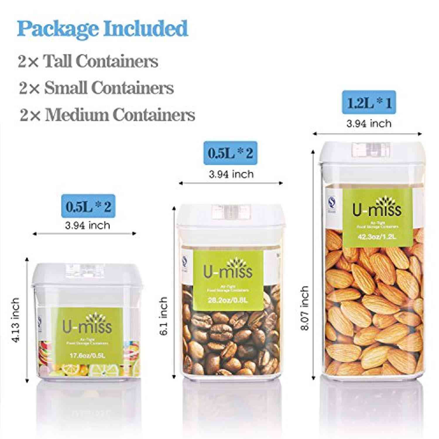 U-miss Airtight Food Storage Container Set - BPA Free Plastic with White Lids