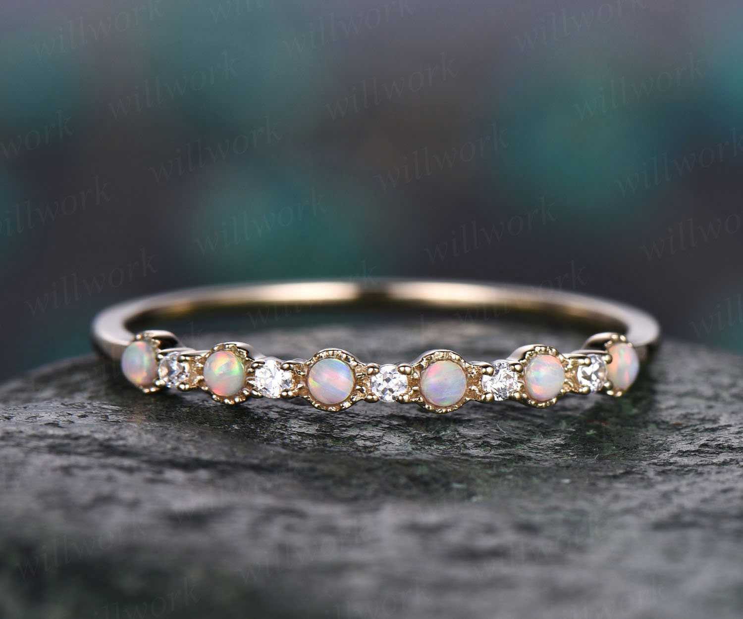 Vintage Opal Ring for Women - 14K Gold Moissanite Wedding Band, Anniversary & Graduation Gift