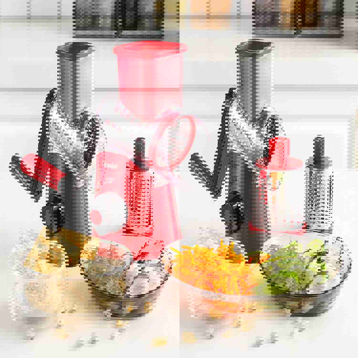 Rotary Cheese Grater with 2 Drum Blades - Safe & Fast Kitchen Grater for Cheese, Fruits, Vegetables, Nuts