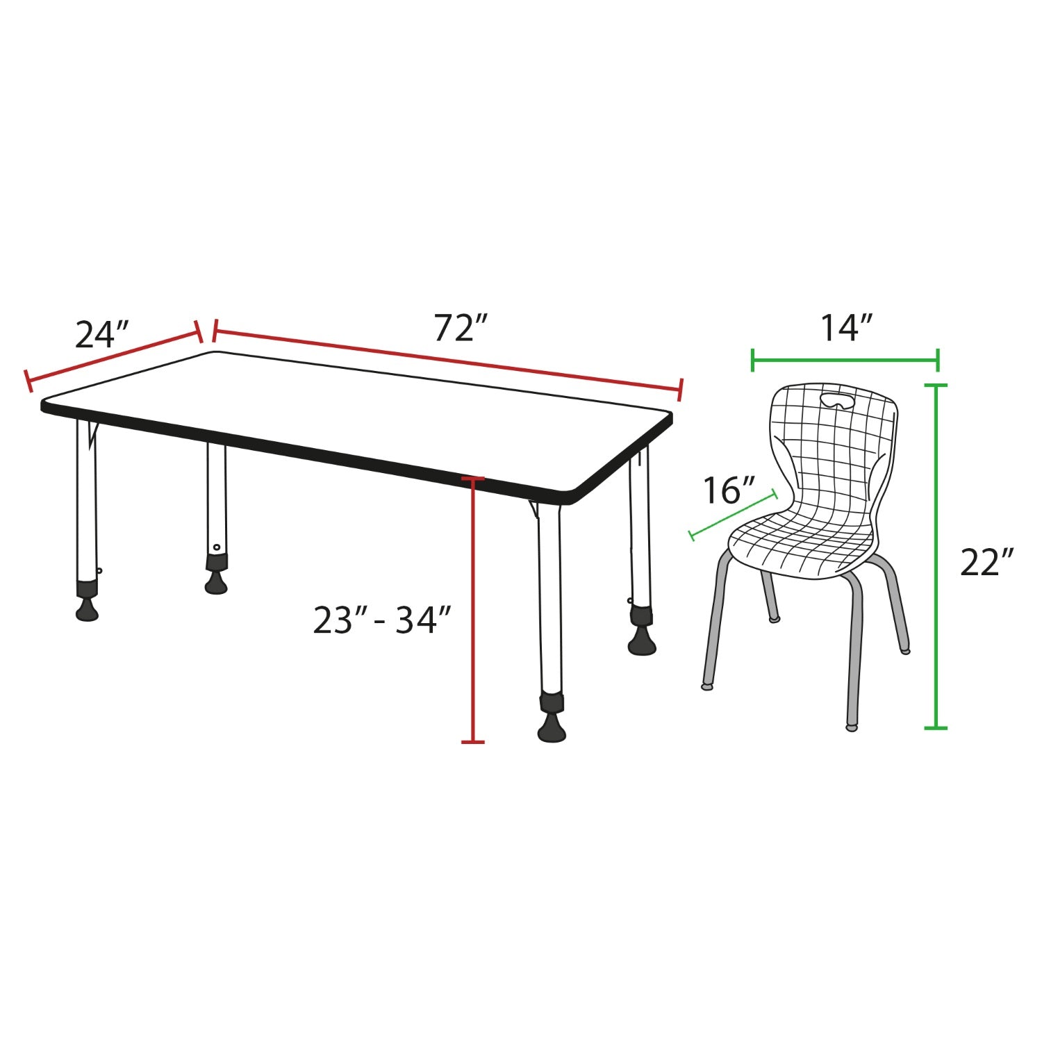 Kee Classroom Table and Chair Package - Adjustable Height Table with 2 Stackable Chairs