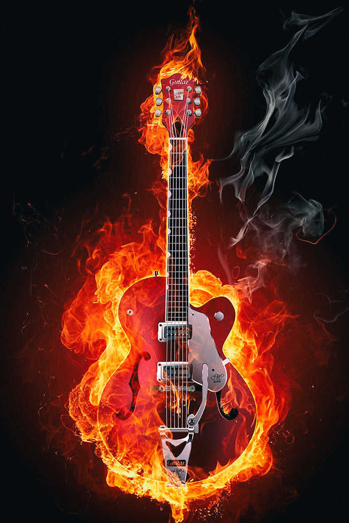 Flaming Guitar Rock Music Poster