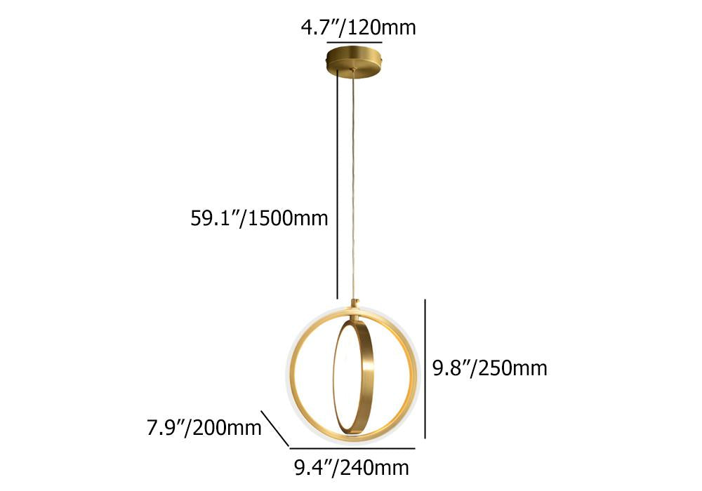 Gold Geometric Pendant Light 2-Ring LED Hanging Light in Brass