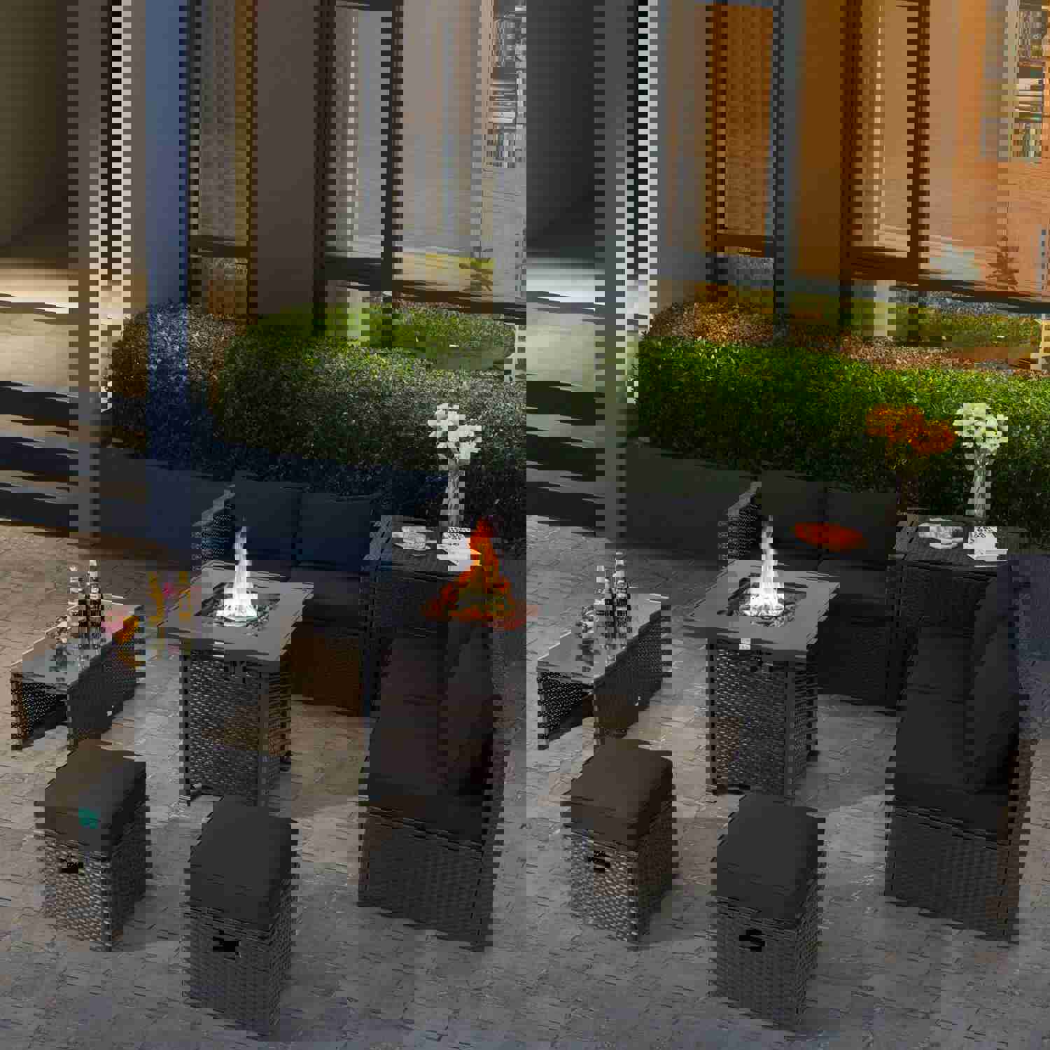 Tangkula 9-Piece Patio Furniture Set with 32” Fire Pit Table, 50,000 BTU Square Propane Fire Pit