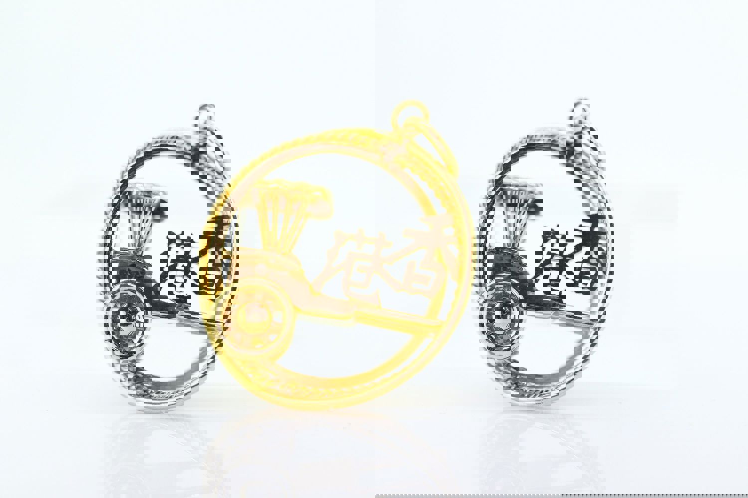 14k Chinese Rickshaw Cart Carriage Medallion Pendant - 3D Geometric Charm