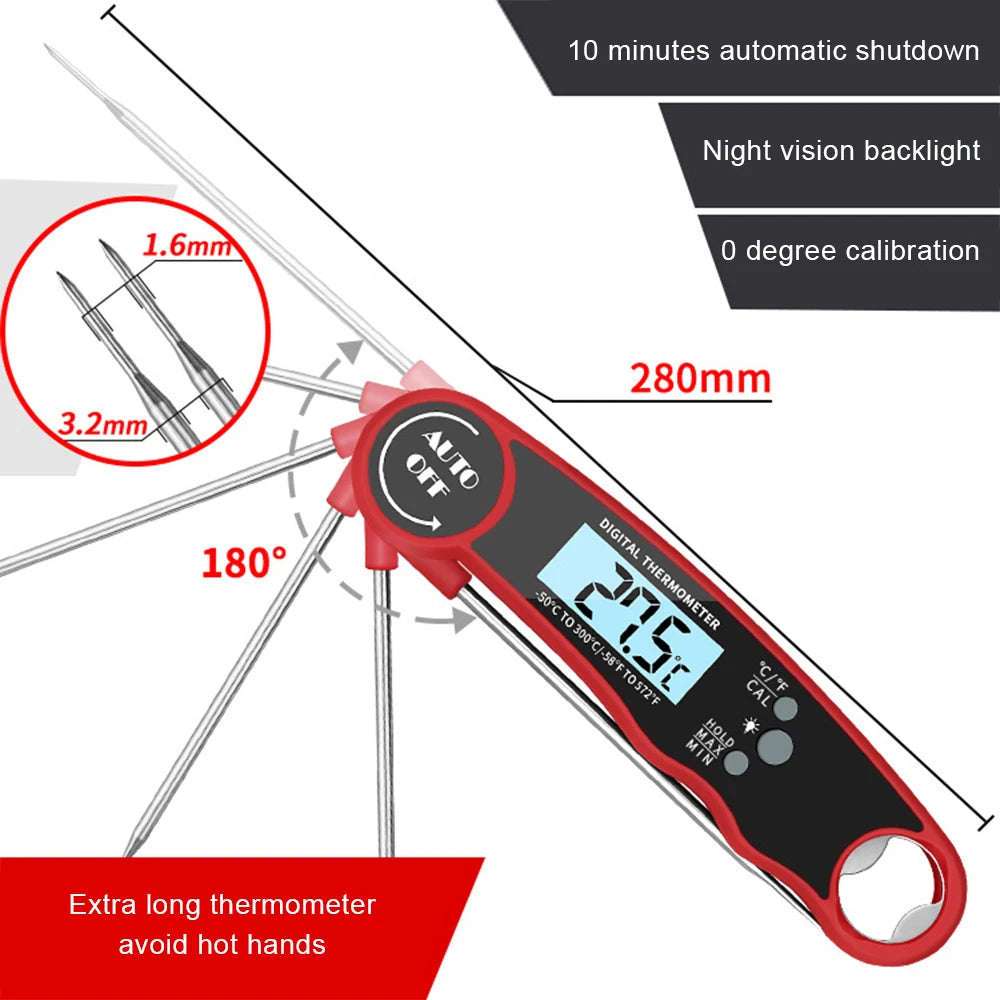Portable Collapsible Digital Food Thermometer for Meat, Water, Milk, Cooking, BBQ, and Oven