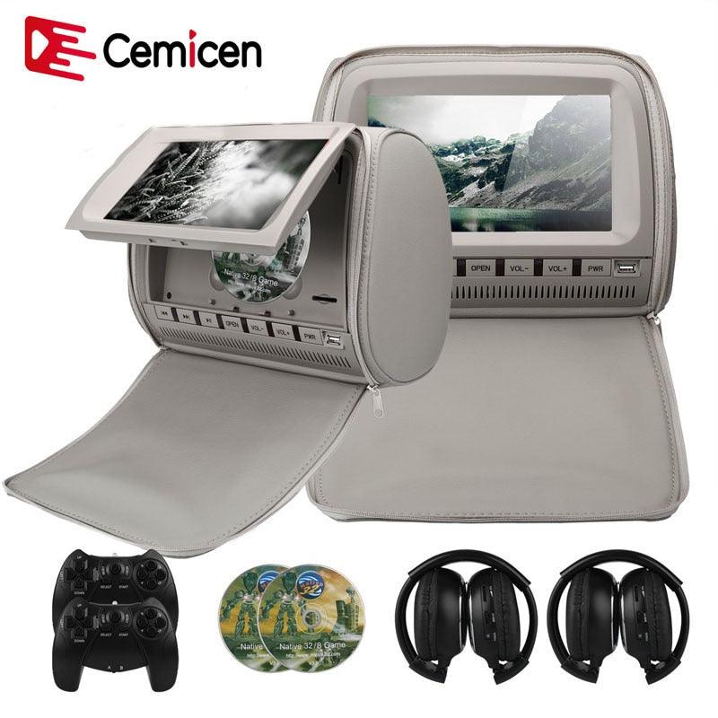 Cemicen 2PCS 9 Inch Car Headrest Monitor with DVD Player, 800*480 TFT LCD Screen, Supports IR/FM/USB/SD/Speaker/Game