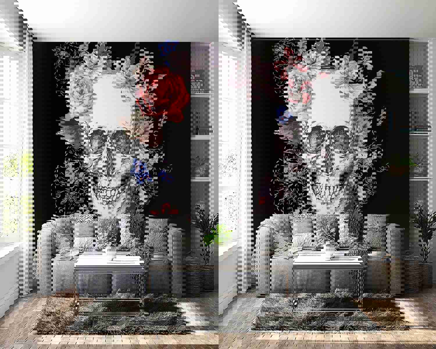 Peel & Stick Floral Wall Mural - Skull And Flowers - Removable Wall Decals