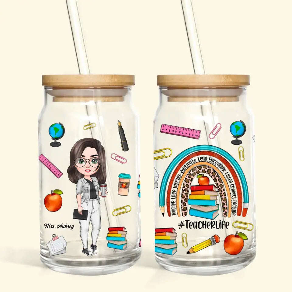 Personalized Custom Glass Can - Teachers Day, Birthday Gift For Teacher - Teacher Life Leopard Rainbow