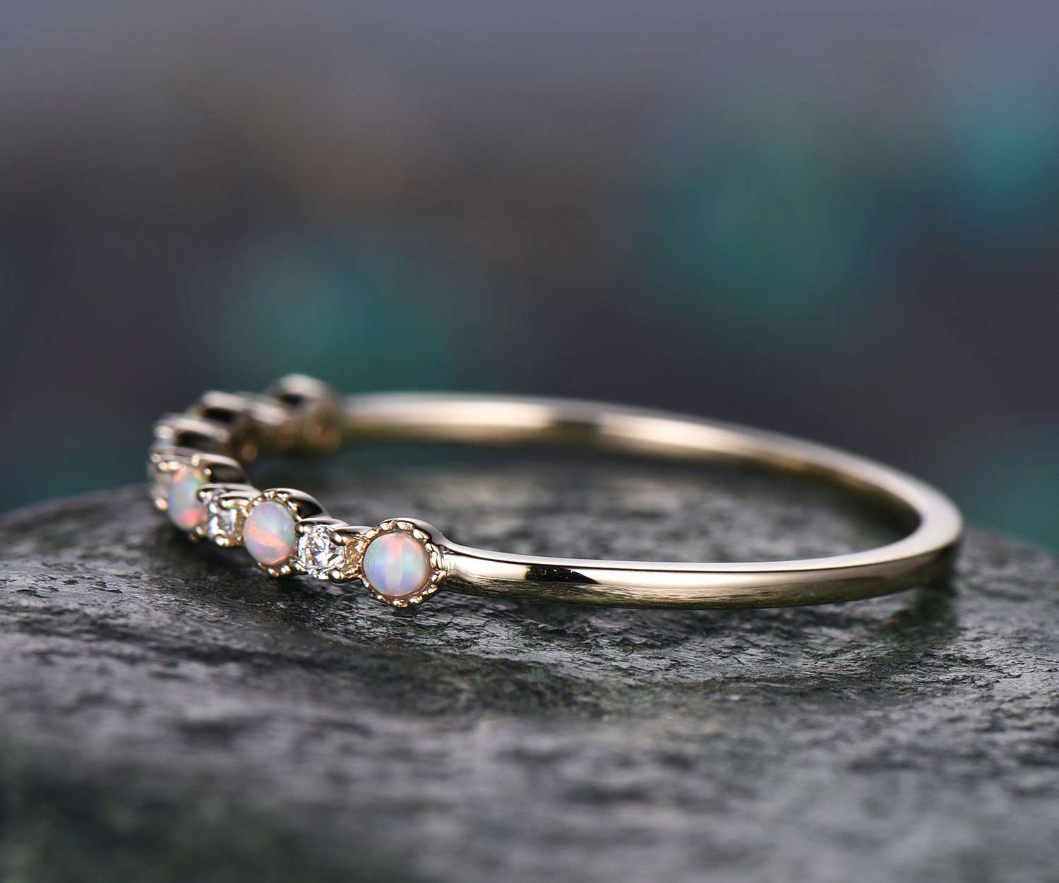 Vintage Opal Ring for Women - 14K Gold Moissanite Wedding Band, Anniversary & Graduation Gift