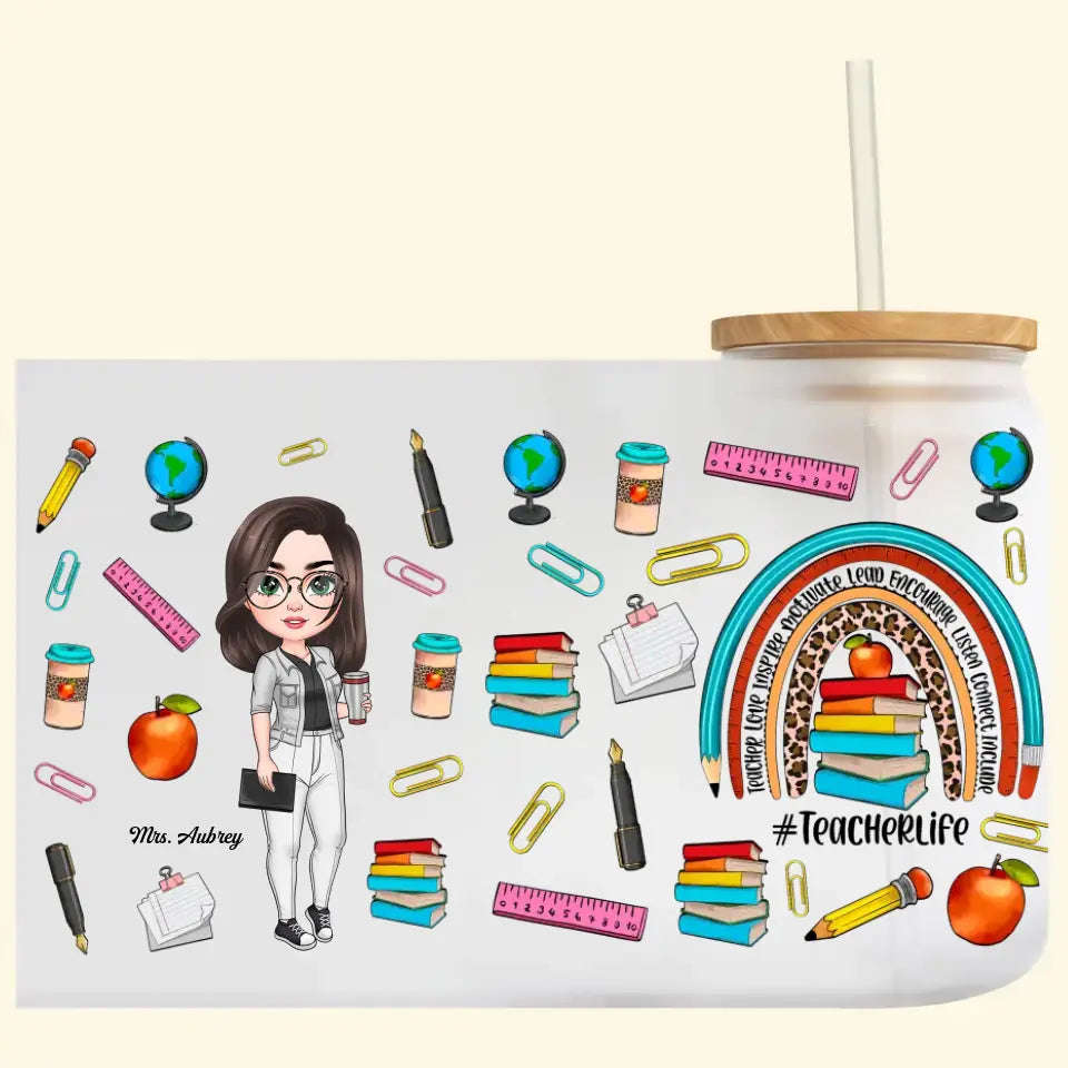 Personalized Custom Glass Can - Teachers Day, Birthday Gift For Teacher - Teacher Life Leopard Rainbow