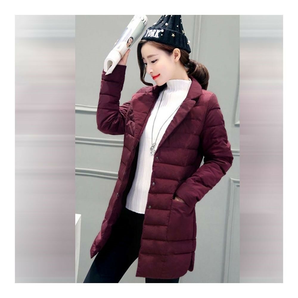 Winter Women Slim Light Thin Down Coat Middle Long Wine Red