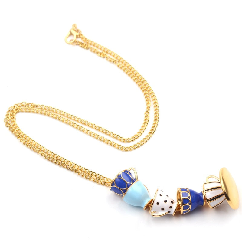 Hand Painted Teapot Tea Cup Pendant Necklace - Vintage Fashion Sweater Chain for Women & Men