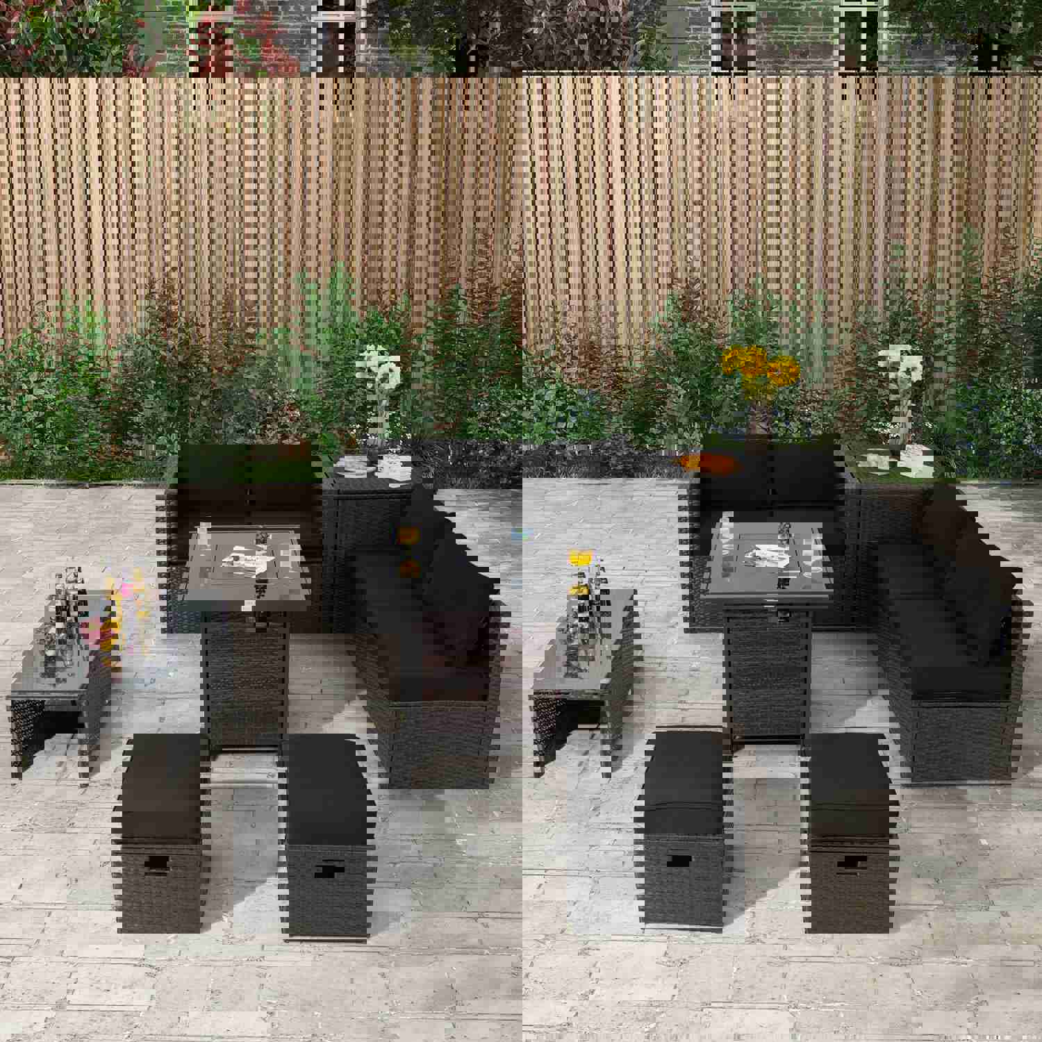 Tangkula 9-Piece Patio Furniture Set with 32” Fire Pit Table, 50,000 BTU Square Propane Fire Pit