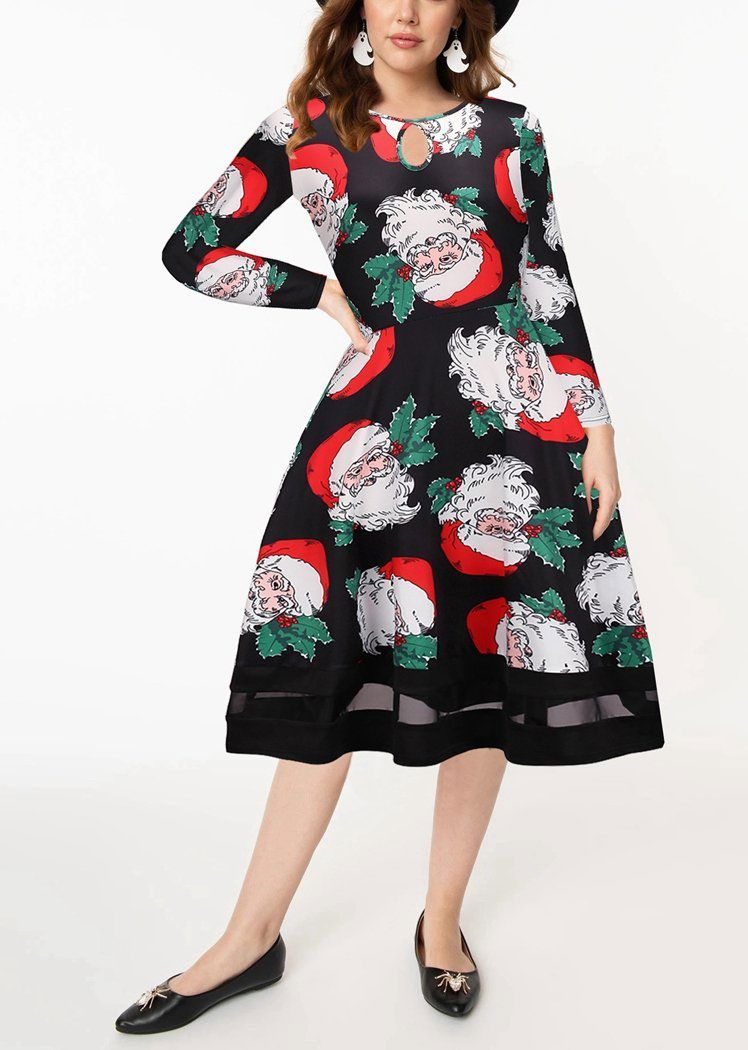 Fashion Cartoon Santa Claus Print Long Sleeve Round Neck Christmas Dresses For Women