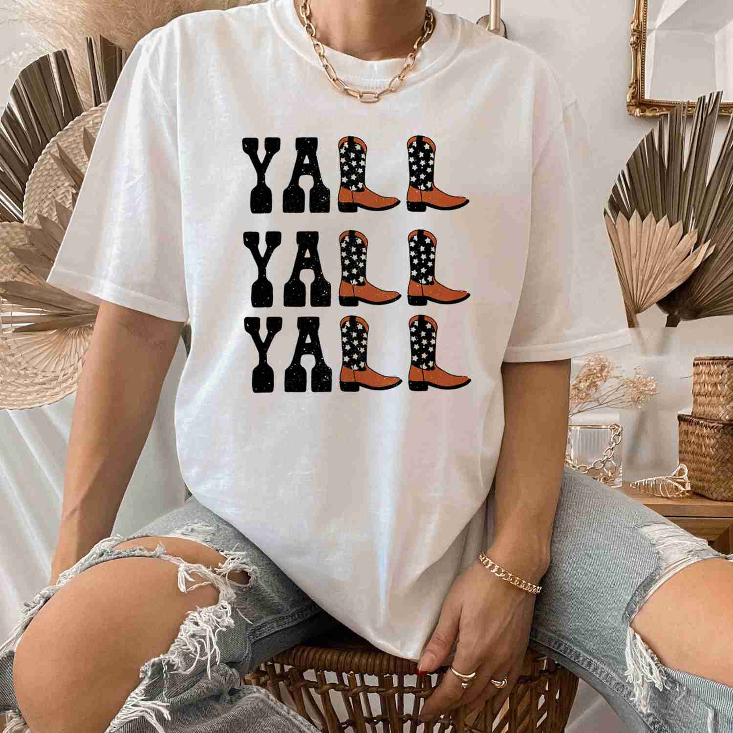 Yall Yall Yall Black and Orange Cowboy Cowgirl Western Boots T-Shirt