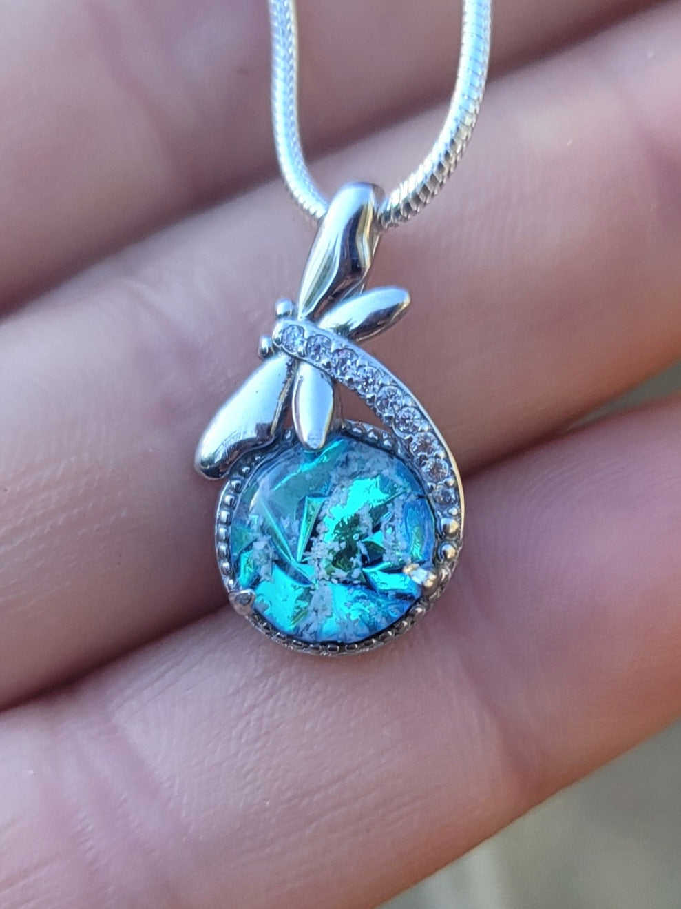 NEW CZ Dragonfly Cremation Jewelry Ashes Infused Glass Sterling Silver Urn Pendant