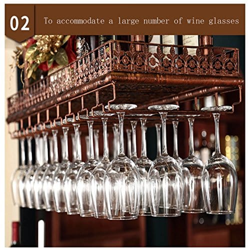 FURVOKIA Industrial Vintage Metal Bar Wine Glass Hanging Rack - Black, Adjustable Height (47.2L)