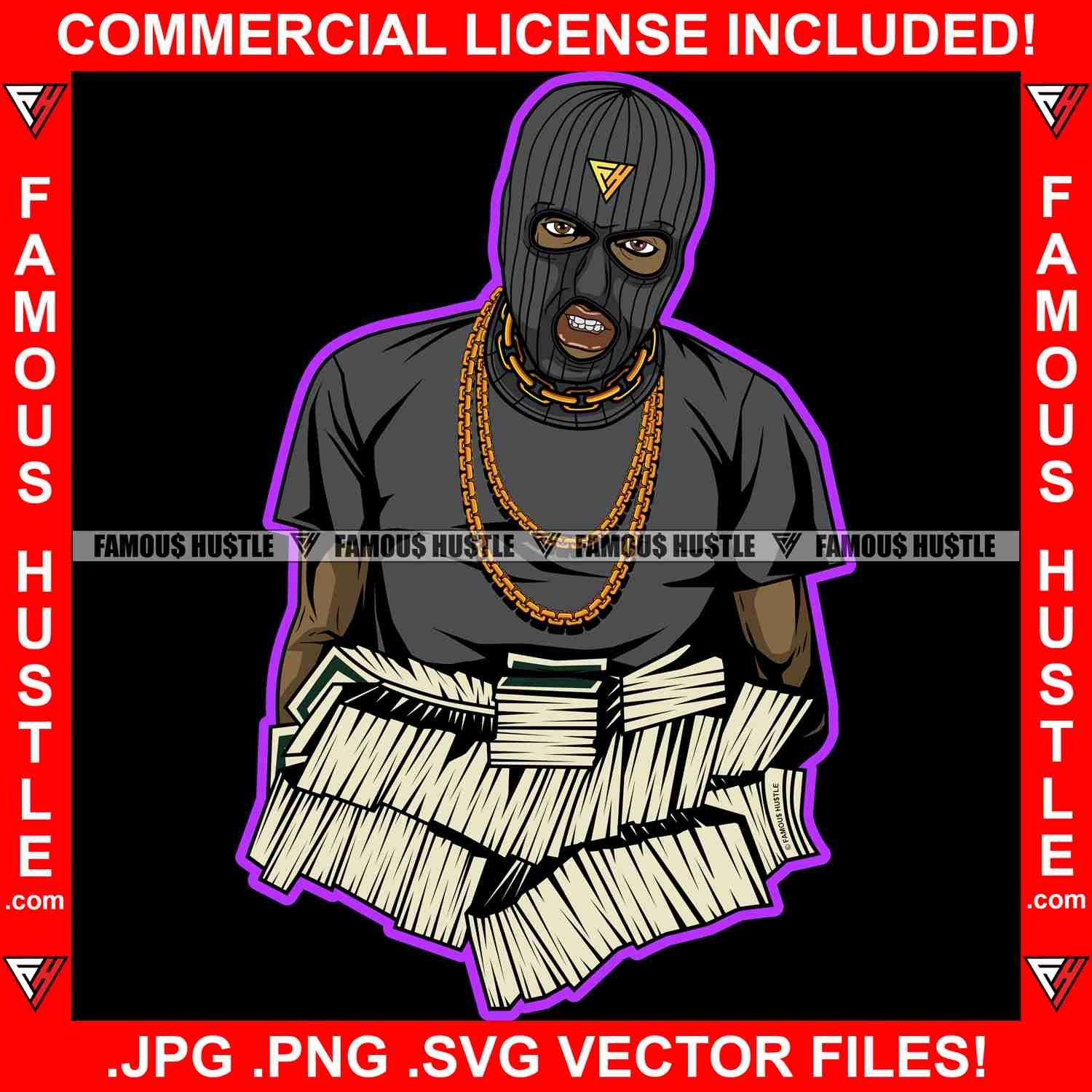 Swag Famous Hustle Gangster Black Man Ski Mask Gold Jewelry Hip Hop Graphic Design T-Shirt Print