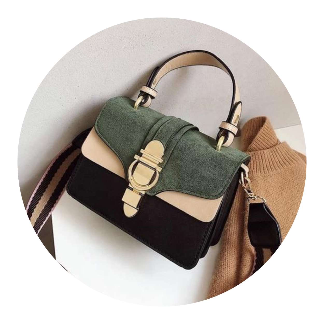 Square Leather & Suede Crossbody Handbag