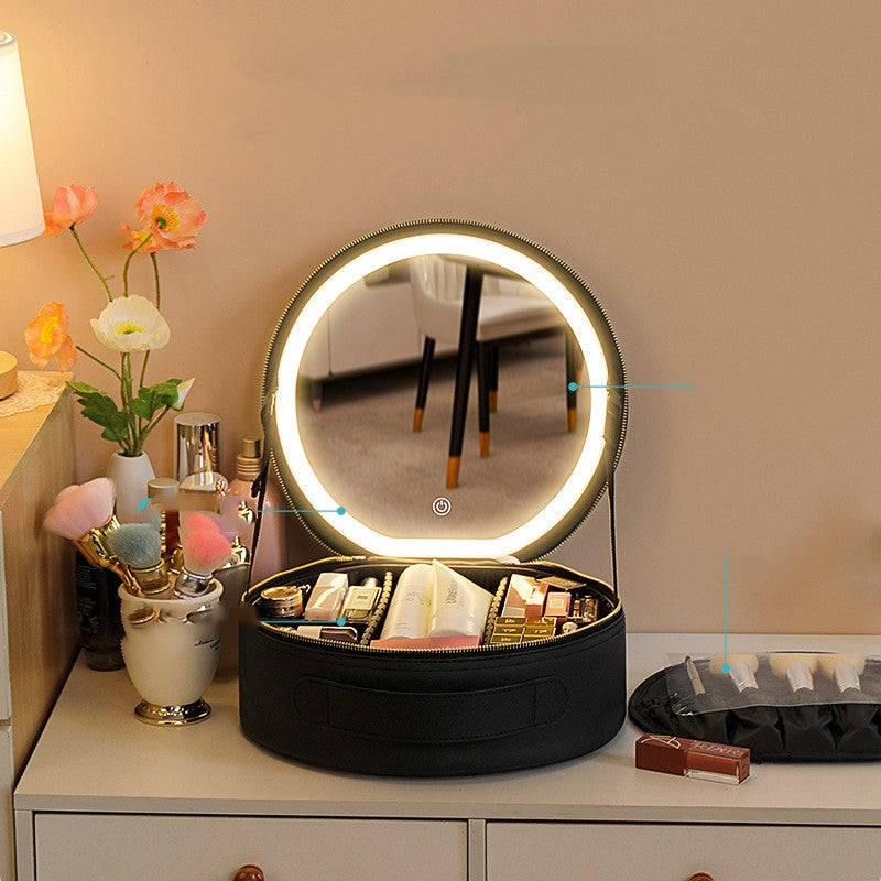 Round Smart LED Makeup Bag With Mirror - 360° Illumination, Large Capacity, PU Leather Travel Organizer