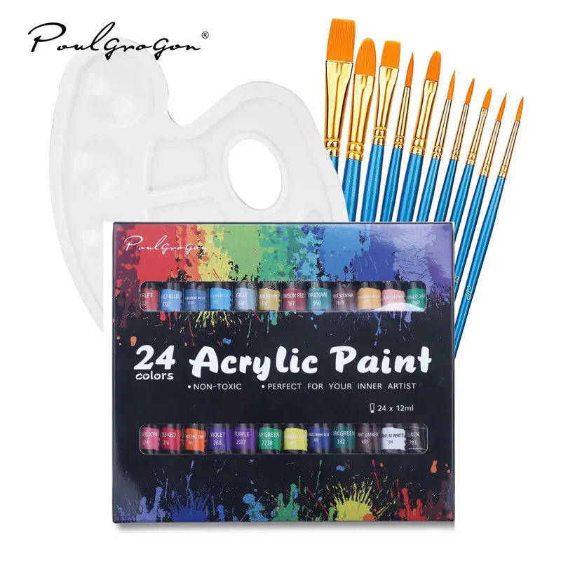 Acrylic Paint Set 12ml 24 Rich Colors with 11 Brushes for Fabrics, Clothing, and Art