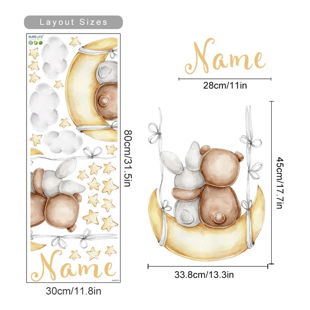 Personalized Bear Balloons Baby's Name Wall Decals - Nursery Room Removable PVC Stickers