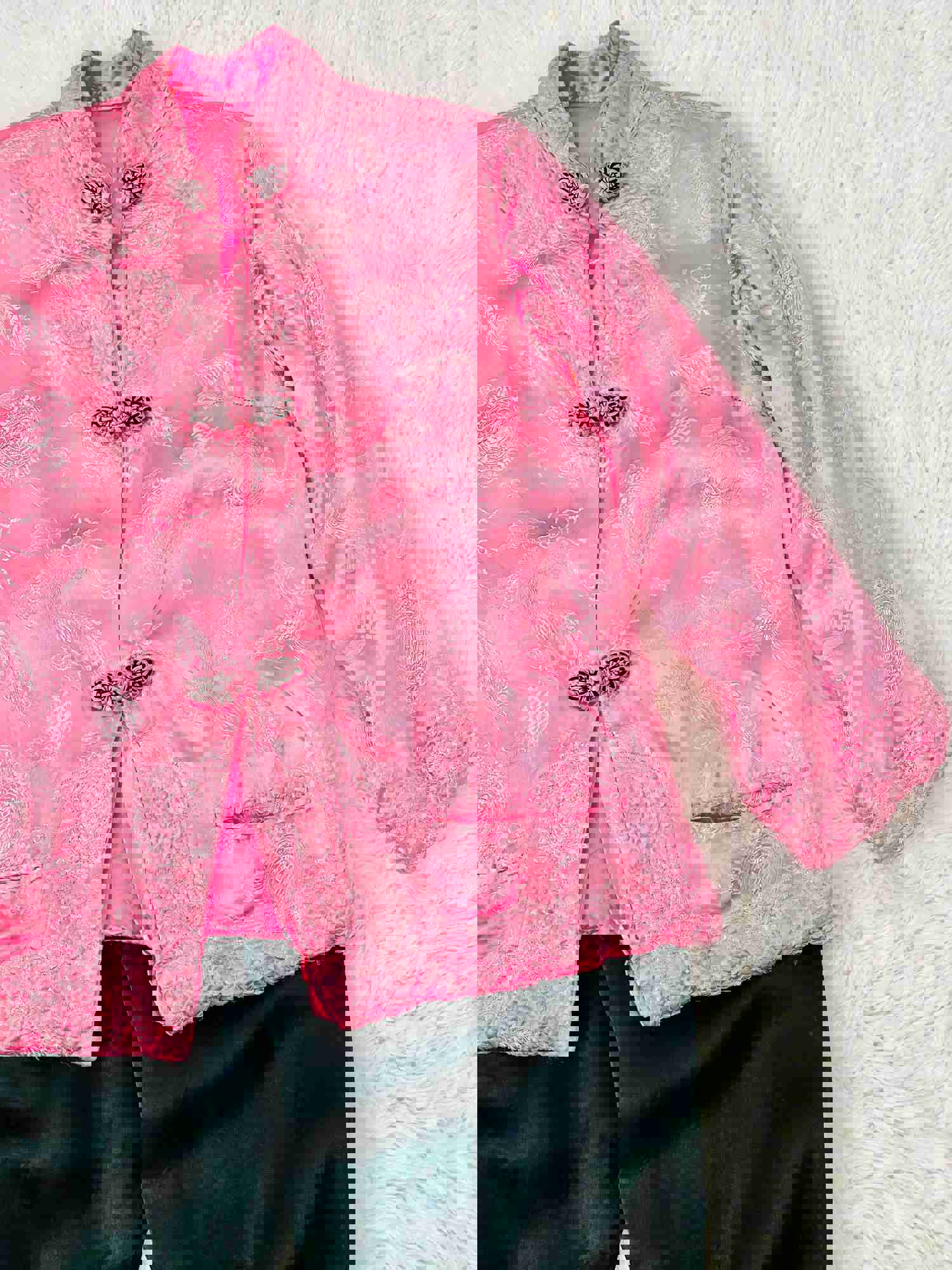 Vintage 1940s Pink Silk Pajamas Set - Chinese Jacket and Pants