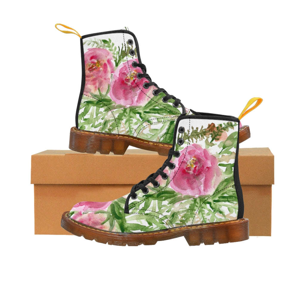 Pink Floral Rose Women's Boots - Feminine Flower Print Combat Boots
