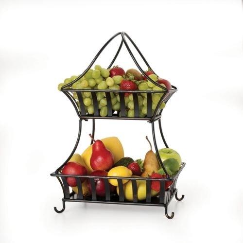 Decorative 2 Tier Black Metal Fruit and Bread Basket for Kitchen Countertop