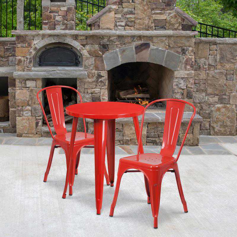 Flash Furniture Napoleon Commercial Grade 24 Round Red Metal Indoor-Outdoor Table Set with 2 Cafe Chairs