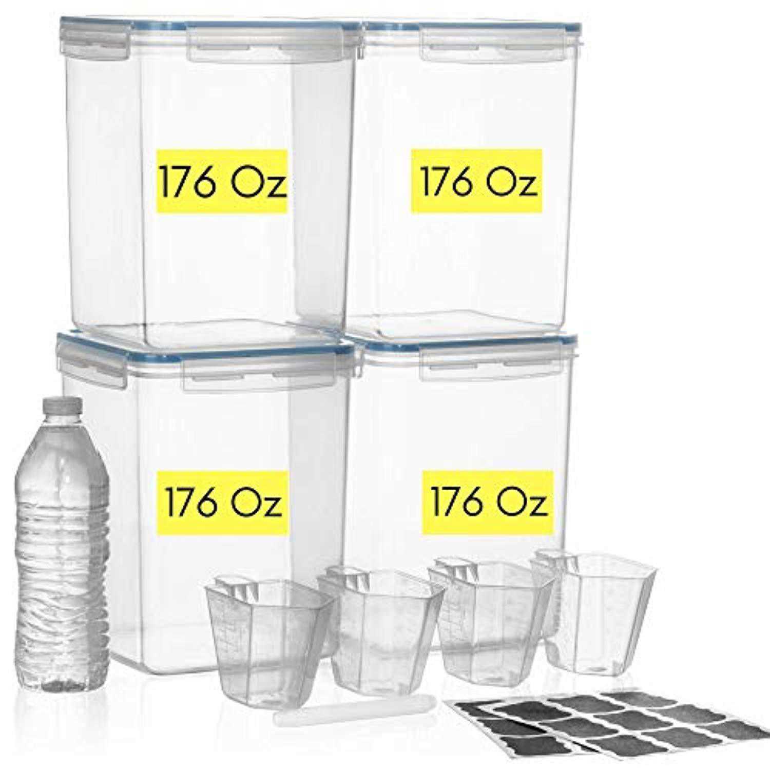 EXTRA LARGE WIDE & DEEP Food Storage Airtight Pantry Containers [Set of 4] 5.2L /176 oz with Measuring Cups & Labels