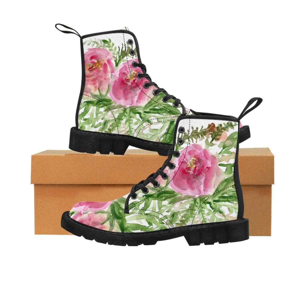 Pink Floral Rose Women's Boots - Feminine Flower Print Combat Boots