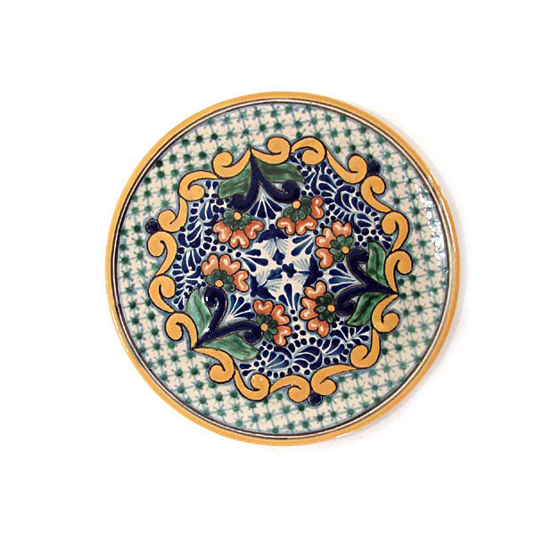 Authentic Talavera Plate with Flowers and Plumes Design