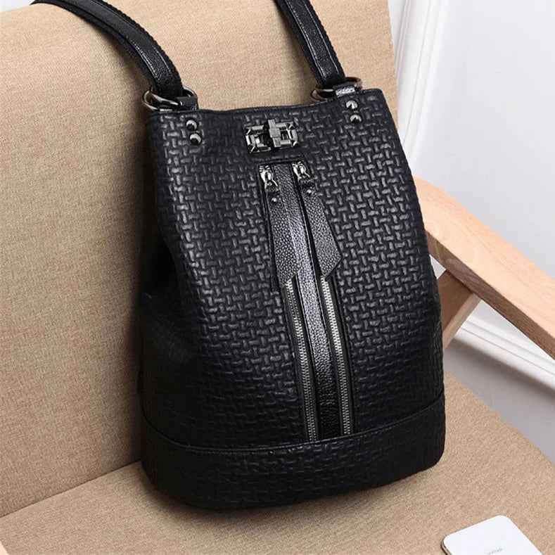 Black Genuine Leather Cool Backpack For Women - Fashion Travel Large Capacity Bag