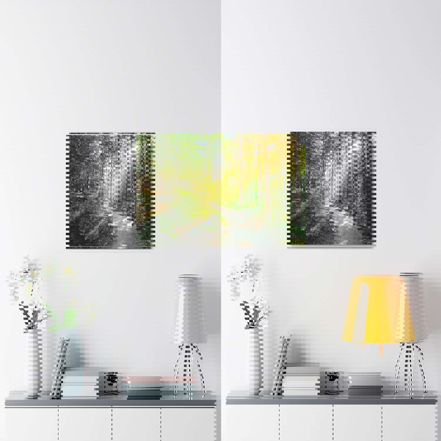 Sunlight Through Green Forest Path Nature Photography Canvas Wall Art