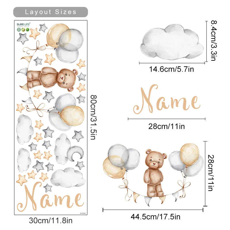 Personalized Bear Balloons Baby's Name Wall Decals - Nursery Room Removable PVC Stickers