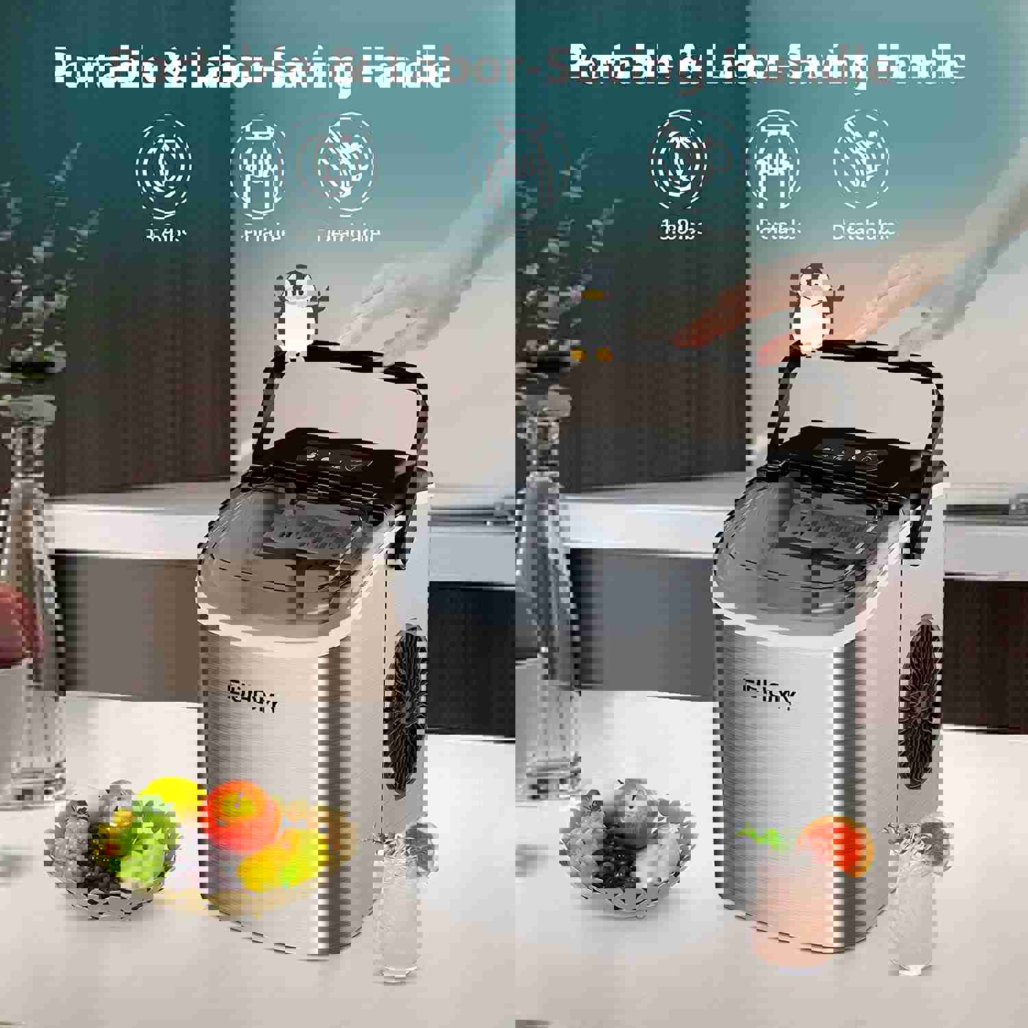 Countertop Ice Maker Machine with Handle, 26Lbs in 24Hrs, 9 Ice Cubes Ready in 6 Mins, Auto-Cleaning Portable Ice Maker with Basket and Scoop, for Home/Kitchen/Camping/RV (Silver)