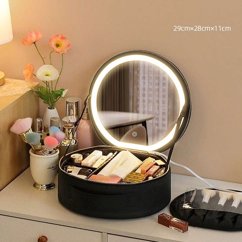Round Smart LED Makeup Bag With Mirror - 360° Illumination, Large Capacity, PU Leather Travel Organizer