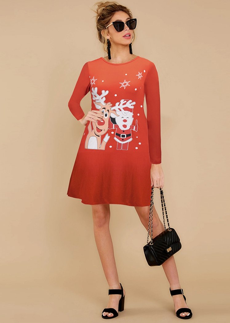 Fashion Christmas Patterns Printing Round Neck Long Sleeve Flared Midi Dress For Women