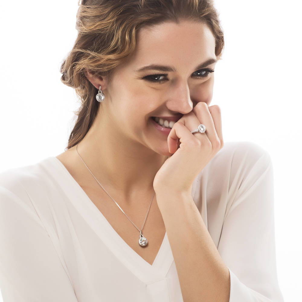 Halo Round CZ Pendant Necklace in Sterling Silver