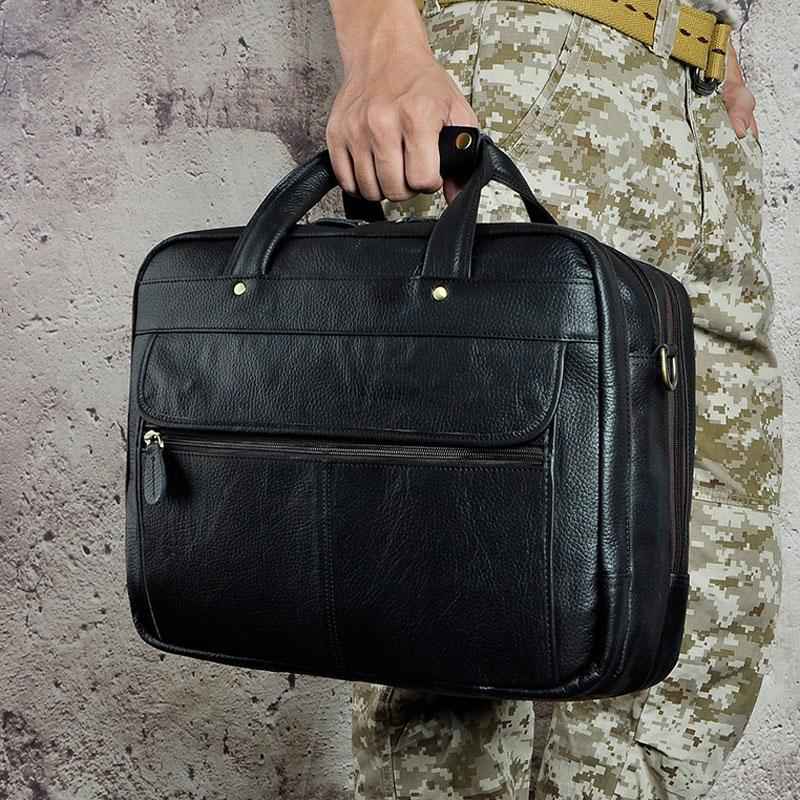 Black Leather Men's Large Briefcase - Travel & Business Work Bag