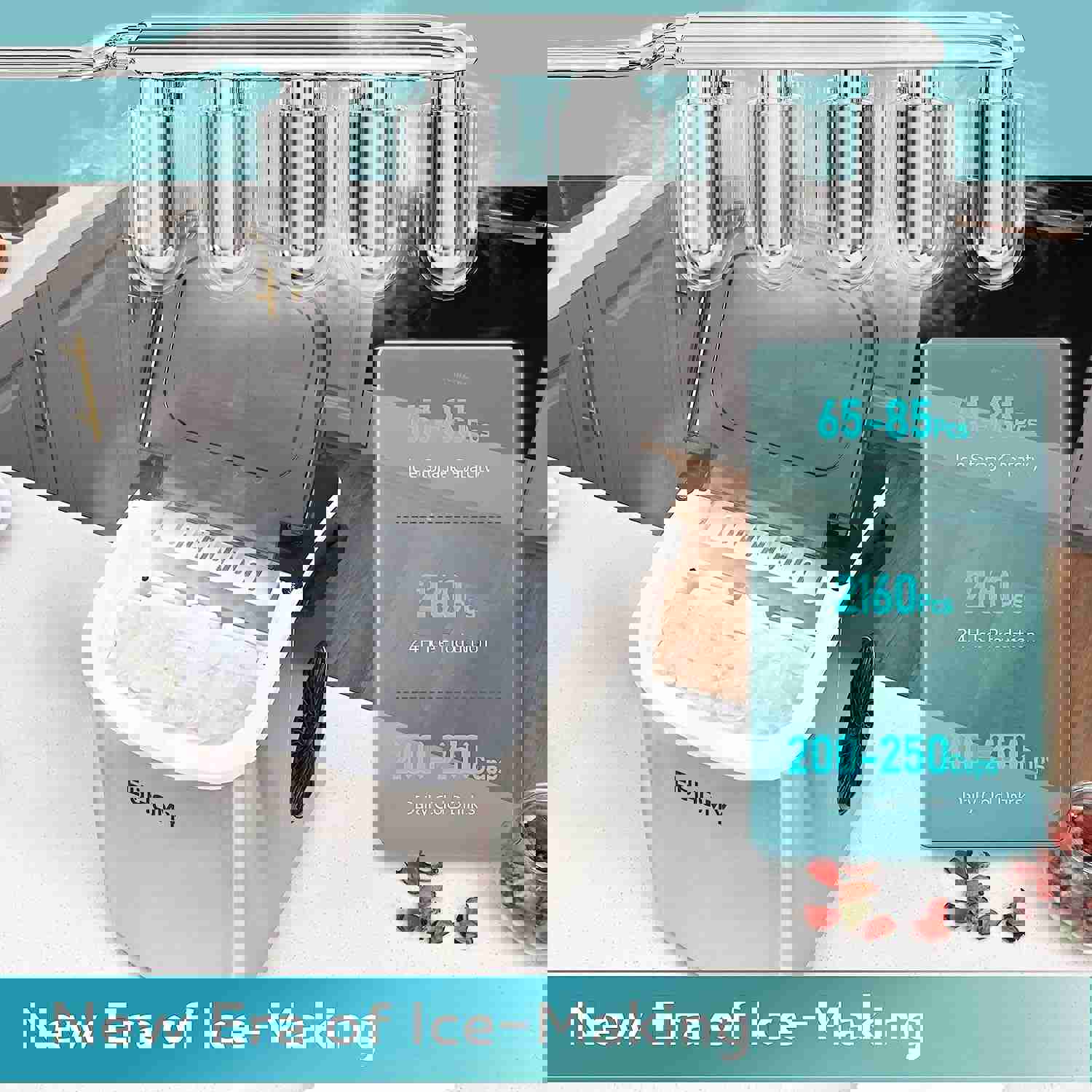 Countertop Ice Maker Machine with Handle, 26Lbs in 24Hrs, 9 Ice Cubes Ready in 6 Mins, Auto-Cleaning Portable Ice Maker with Basket and Scoop, for Home/Kitchen/Camping/RV (Silver)