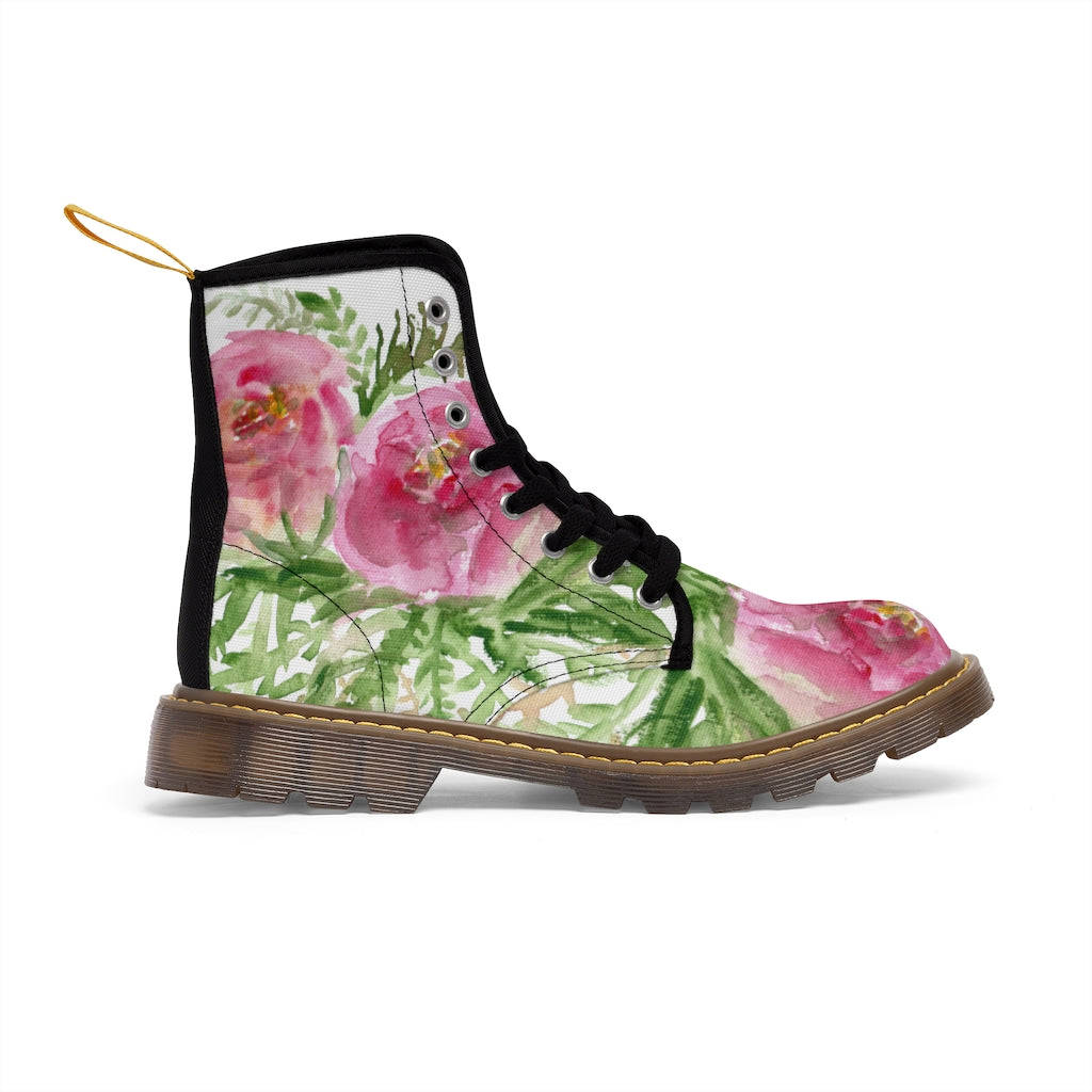 Pink Floral Rose Women's Boots - Feminine Flower Print Combat Boots