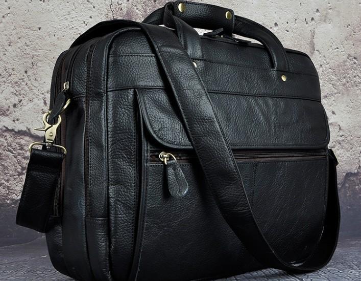 Black Leather Men's Large Briefcase - Travel & Business Work Bag