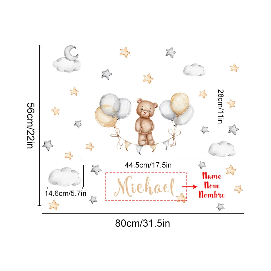 Personalized Bear Balloons Baby's Name Wall Decals - Nursery Room Removable PVC Stickers