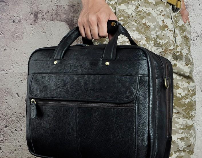 Black Leather Men's Large Briefcase - Travel & Business Work Bag