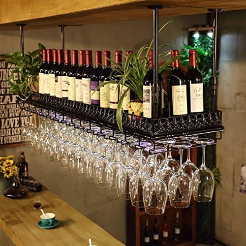 FURVOKIA Industrial Vintage Metal Bar Wine Glass Hanging Rack - Black, Adjustable Height (47.2L)